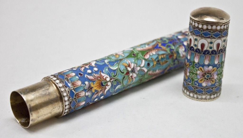 Russian Enamel And Silver Cigar Case Marked 84: Russian Enamel And Silver Cigar Case Marked 84, Russian hallmark Measurements: 7.5" x 1"