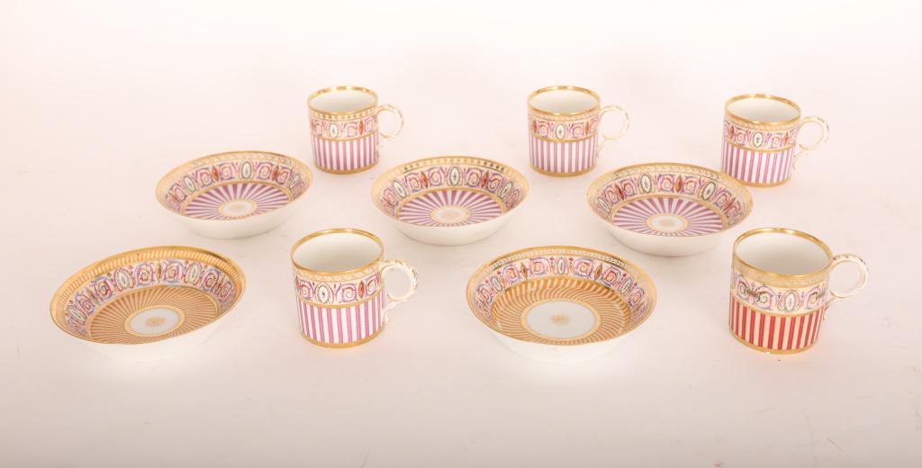 10 Pc Dihl & Guerhard Demitas Cups & Saucers: (10) Piece Dihl and Guerhard demitas set of (5) cups and (5) saucers. Each piece is hand painted with gold gilt. Marketed by Jas. A. Lewis and Son, Inc. NY NY. Excellent/very good condition (some wear