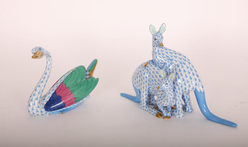 2pc Porcelain Herend Hungary Swan & Kangaroo Pair (1 of 10)