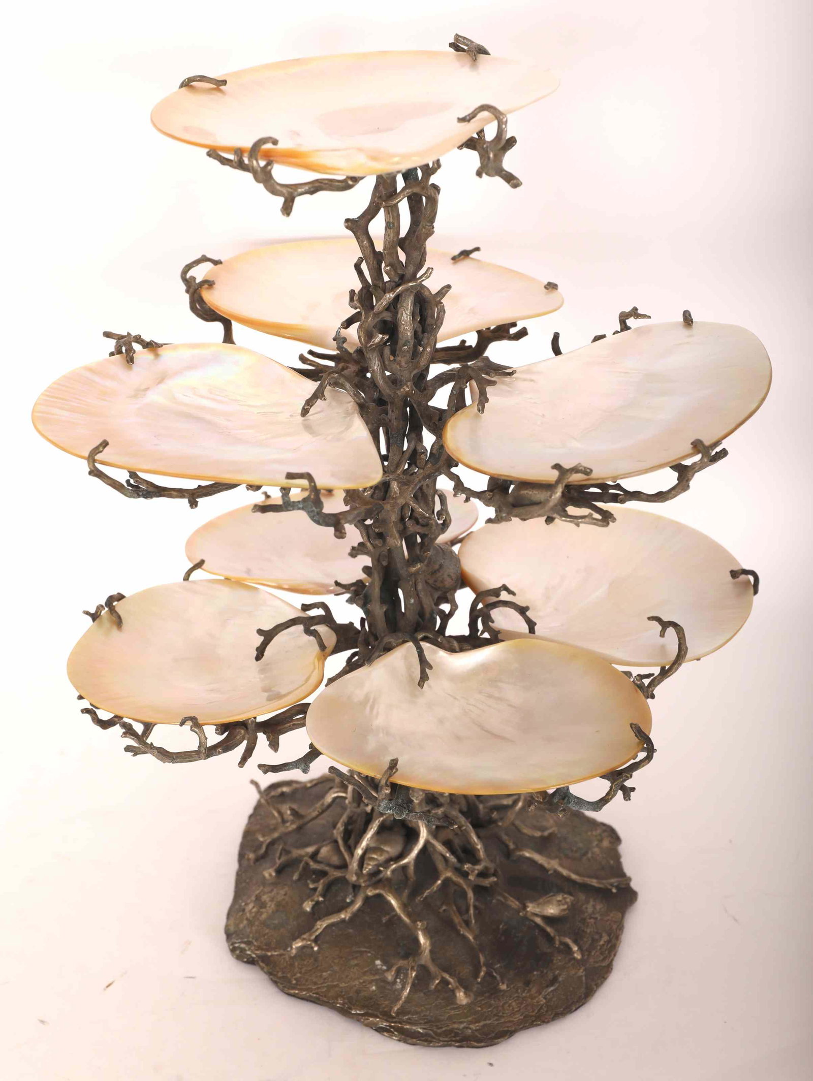 Silver Plated Grotto Rococo Epern wSeashell Dishes: Silver plated grotto Rococo coral and seashell form epern supporting eight mother of pearl seashell dishes. Excellent condition. Measures 13" dia. x 16" tall.