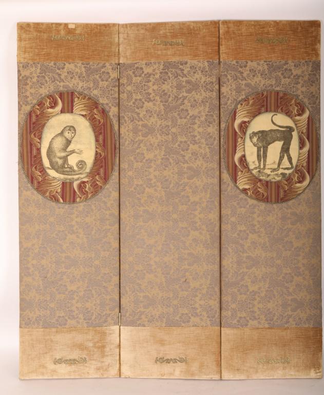 Three Panel Brocaded & Velvet Screen w Monkeys (1 of 8)