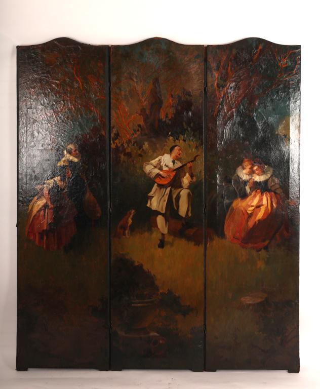 19C Leather 3 Panel Screen w French Garden Scene (1 of 16)