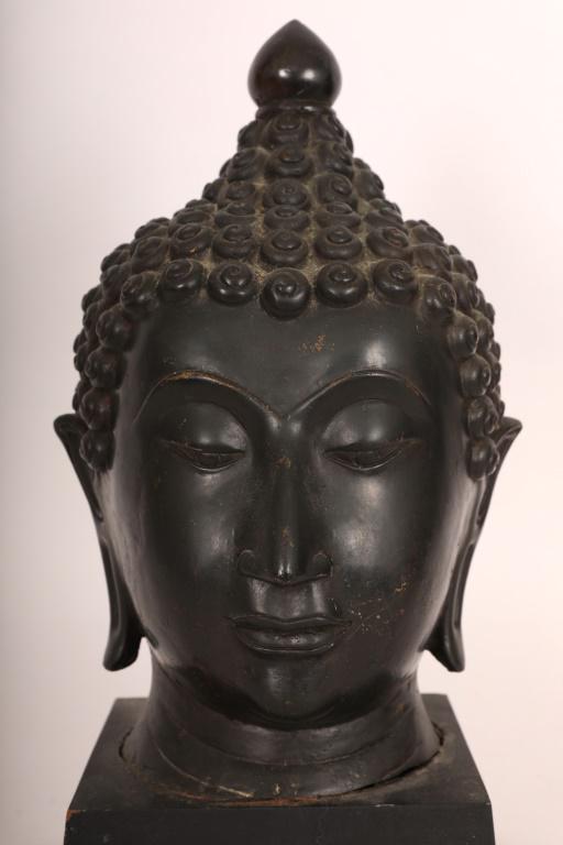 Vntg Bronze Buddha Head on Wooden Plinth (1 of 13)