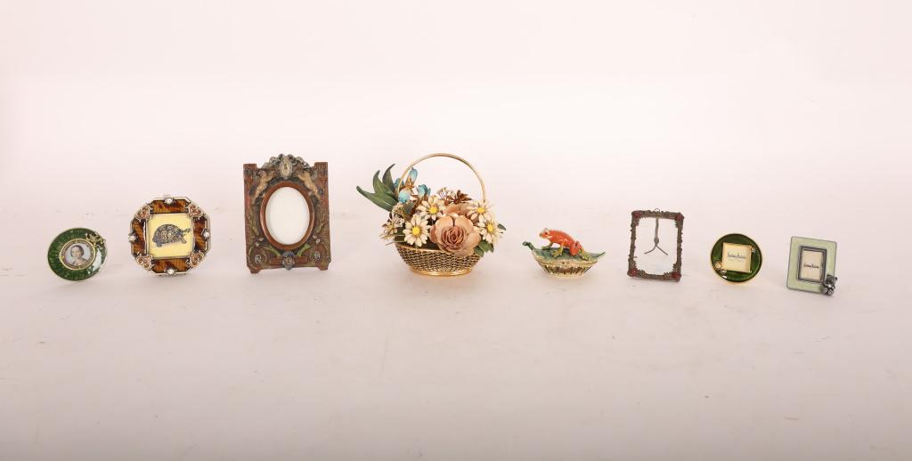 8Pc Enameled Picture Frames & Decorative Pieces: (8) Piece modern to antique enameled picture frames and decorative pieces: (4) Strongwater picture frames, largest measures 3" x 3" and smallest measures 2" dia.; (1) Gloria Vanderbilt enameled floral