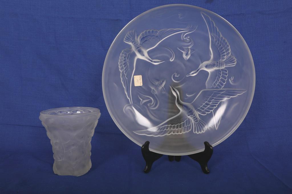 2 Pc Frosted Glass Floral Vase & Charger w Geese: (2) Piece frosted glass pieces: (1) vase with floral pattern and (1) charger with geese and fish, signed on base. Excellent condition (charger shows wear). Vase measures 5.5" dia. x 5.75, charger meas