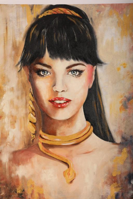 Anna Rita Angiolelli Acrylic/Oil "Magnetismo" 2015: Anna Rita Angiolelli acrylic and oil on board titled, "Magnetismo", dated 2015. Portrait of woman wearing gold earring and gold snake choker. Signed bottom right. Includes certificate of authenticity 
