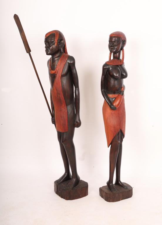 Pr Tall Wood Hand Carved Maasai Warrior & Woman (1 of 9)