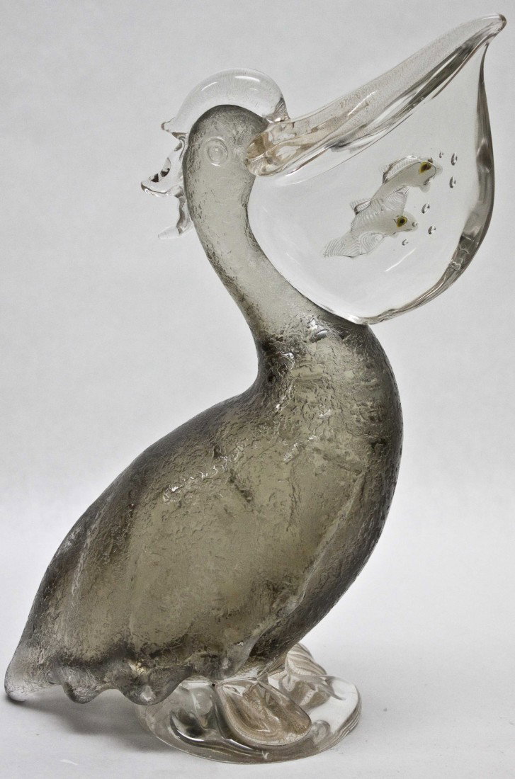 Large Alfredo Barbini Murano Art Glass Pelican: Large Murano Art Glass Pelican With Fish In Bill. Signed A. Barbini and marked "Pauly". Excellent Condition. 13.25" X 6.75" X 4.5"