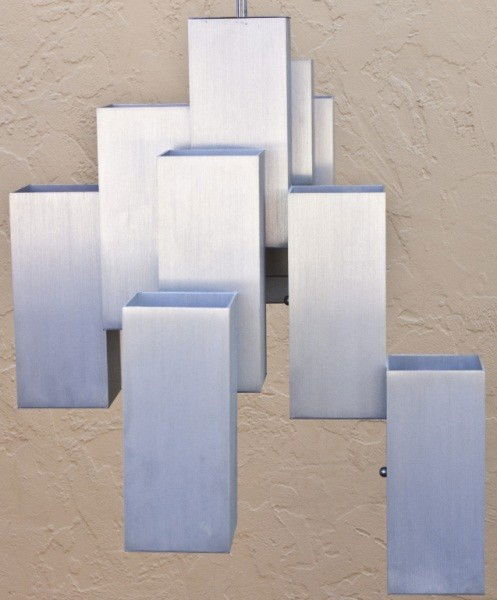 Large Mid Century Modern Cityscape Box Chandelier: Brushed Aluminum And Chrome Mid Century Modern Cityscape Box Chandelier In The Manner Of Paul Evans. 23" X 26.5" X 22" with 60" chrome downrod.