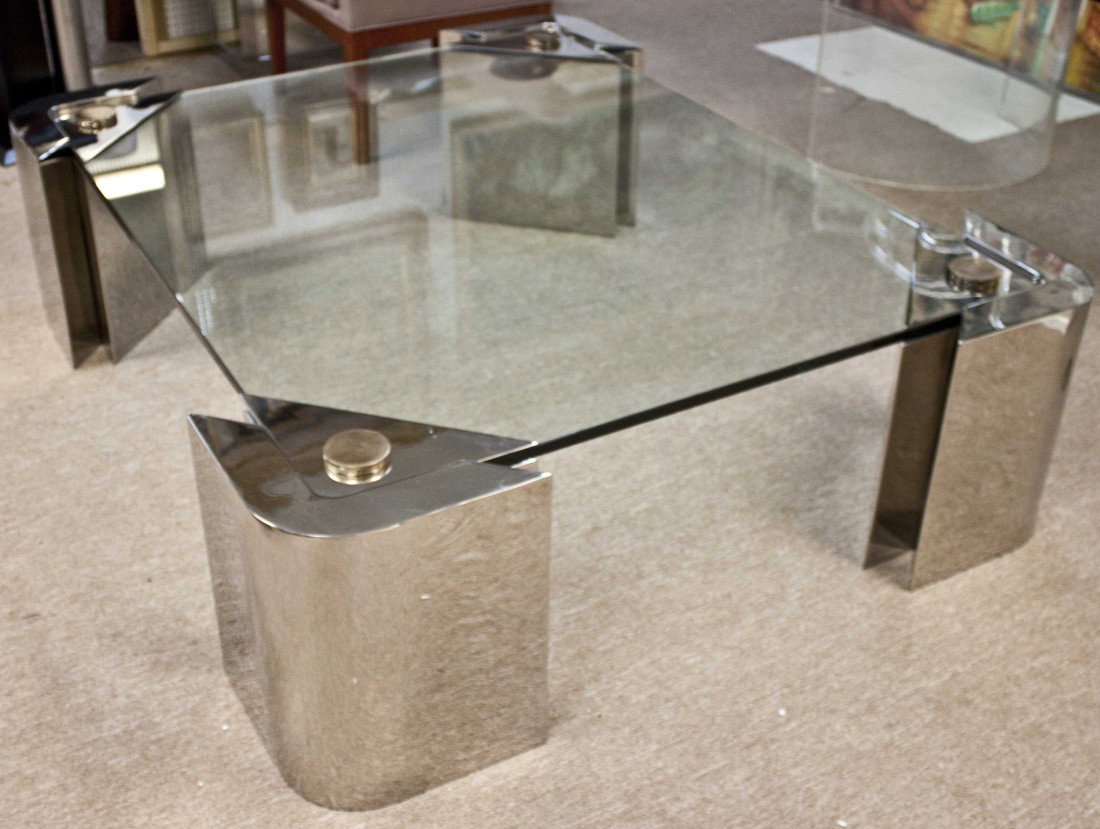 Lg Carl Springer Glass And Chrome Coffee Table: Lg Carl Springer Glass And Four Tier Chrome Coffee Table. Very Good Condition. 62 1/2"x50 1/2"x17"