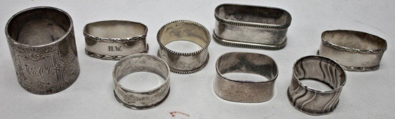Group Of 8 Misc. Sterling Silver Napkin Rings: Group Of 8 Misc. Silver Napkin Rings, sterling and 800 marked. Total weight 6 oz. Good condition
