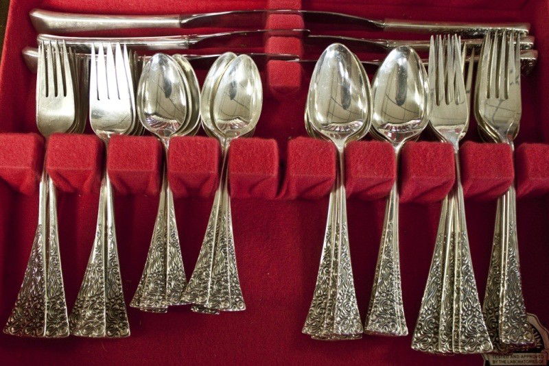 Reed & Barton 66 pc. Sterling Flatware Set: Reed & Barton Silver Co. Flatware Set, service for 12 with ornate 'Tapestry' pattern. No Monogram. Marked Reed & Barton Sterling. Total weight of soup spoons, serving spoons, salad, and dinner forks i
