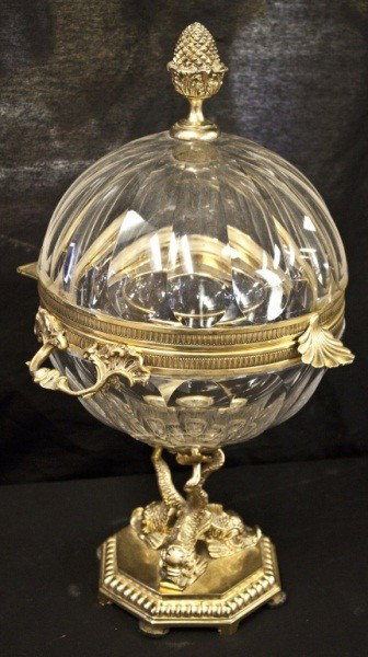 Dore On Bronze Mounted Crystal Caviar Server: Dore On Bronze Italian Crystal Caviar Server With Removable Interior Dish. Mounts In The Form Of Dolphins. 12" diameter x 18 1/2"
