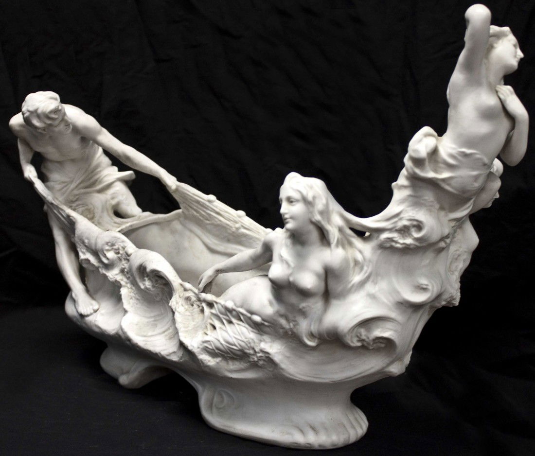 Amphora Art Nouvea Centerpiece Fisherman 3 Sirens: Amphora Art Nouveau Centerpiece Bowl Depicting Fisherman And 3 Sirens. Finely Detailed, Signed.19th C 21" x 13" x 8"