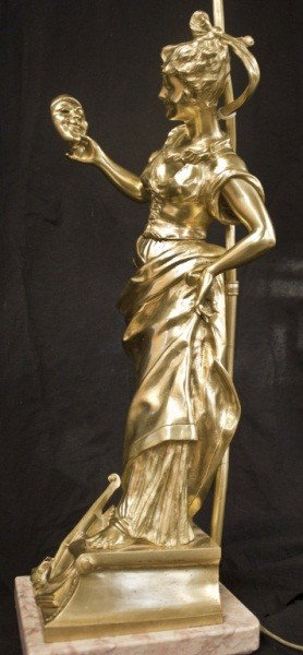 19th C French Gold Dore Bronze Figural Lamp, Signed: Gold Dore Bronze Figural Lamp Depicting An Art Nouveau Style Woman And 'the Arts'. Signed Rousseau 8" x 40" x 7"
