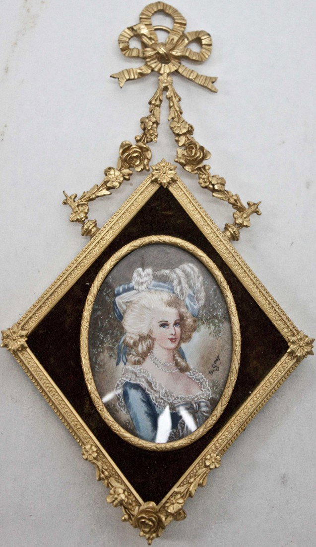 19th C Handpainted Portrait On Ivory Bronze Frame: 19th C Portrait On Ivory W/ Dore Bronze Frame Of A Woman In A Blue Hat. Finely Painted, signed S. Gray. Excellent Condition. 4 1/4"x1/4"x6 3/4"