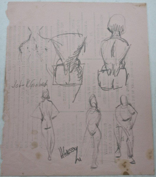 Sketches from Henry Gasser and John Grabach Signed: Doodles by close friends Henry Gasser and John Grabach on back of restaurant menu. Signed by each.