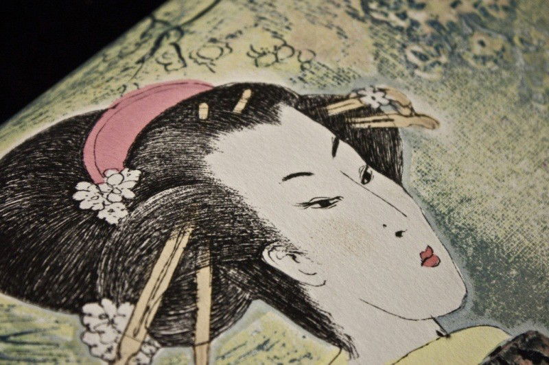 2 Polish Intaglio Prints, Mikulas Kravjansky: 2 Polish Intaglio Prints Of Geisha Girls, Embossed And Gold Leafed, With Certificates Of Authenticity. 'Springtime', one with parasol, one with fan. 30"x12"