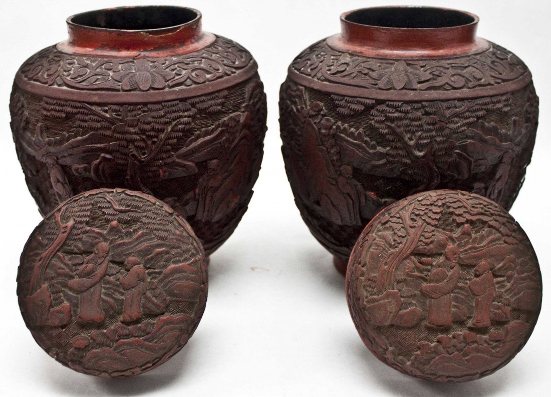 Early Chinese Cinnabar Lidded Jars: Early Chinese Cinnabar Lidded Jars. One Has Damage To Base, And Red Spots Thought To Be Factory Repairs. 7"x7"x8"