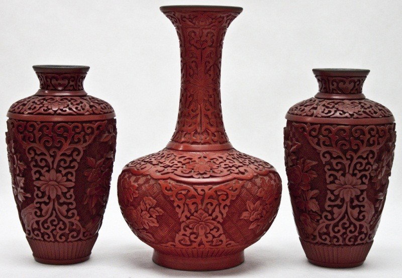 3 Chinese Cinnabar Vases: 3 Chinese Cinnabar Vases One Tall Vase 6 1/2" Diameter x9 1/2",2 Small vases: 4 1/4" diameter x 7 1/4"