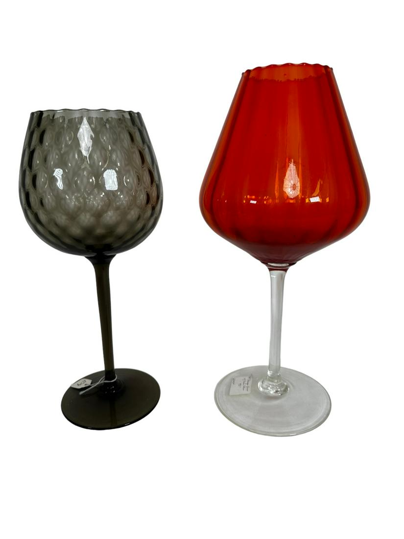 2pc Extra Large Hand Blown Wine Glass Vases: 2 Pieces extra large hand blown wine glass vases/planters with rippled edges. Excellent condition. Measures 4.5" - 5" dia. x 14" tall.