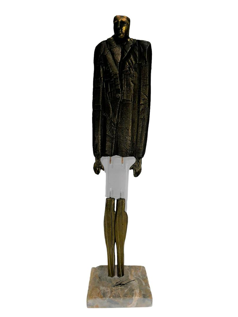 MCM Bronze & Lucite Mixed Media Sculpture Man: Mid Century Modern bronze and lucite mixed media sculpture of a man in a business suit on plinth. Illegibly signed on plinth and sculpture. Measures 5.5" x 5.5" x 26".