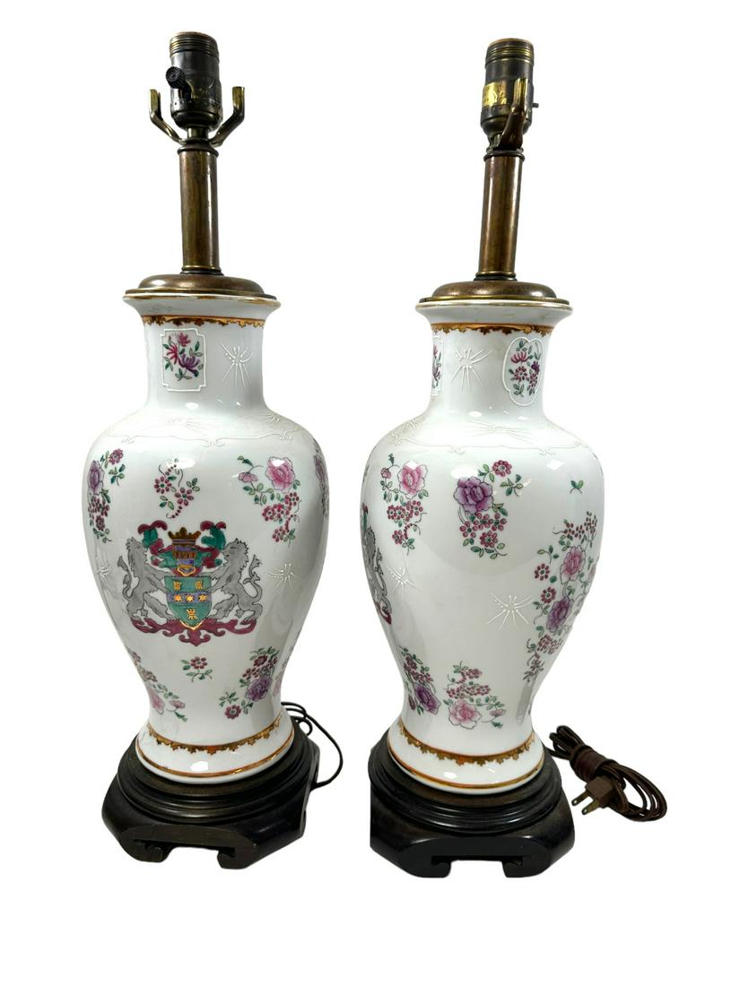 Pr Sampson Family Crest Porcelain Vase Now Lamp: Pair Sampson family crest porcelain vase that is now mounted on a plinth as a lamp. Signed Frederick Cooper Lamps. Excellent condition. Measures 7" dia. x 21" to switch.
