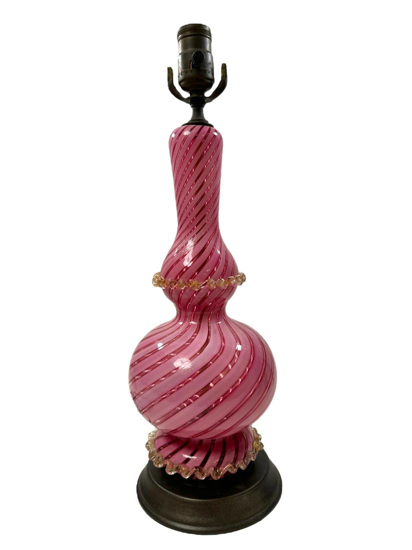 Vntg Murano Italy Lamp w Pinched Glass Detail: Vintage Murano Italy lamp with pinched glass detail and spiral cased glass. Excellent condition. Measures 7" dia. x 17" to switch.
