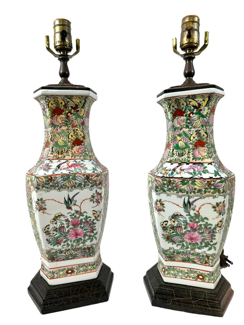 Pr Vintg Chinese Rose Famil Porcelain Lamps: Pair of vintage Chinese rose famil medallion porcelain lamps with cracklature painted base and top, decorated with heavy enameled birds, butterflies, and flowers. Excellent condition. Measures 7" x 6"