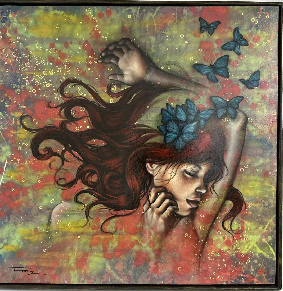 Fang Lee Ling Painting on Canvas “Becoming” 2012: Fang Lee Ling acrylic and oil painting on canvas titled, “Becoming,” dated 2012. Nude redhead girl with arms raised and blue butterflies. Signed “Fang” bottom left and additionally signed, dat