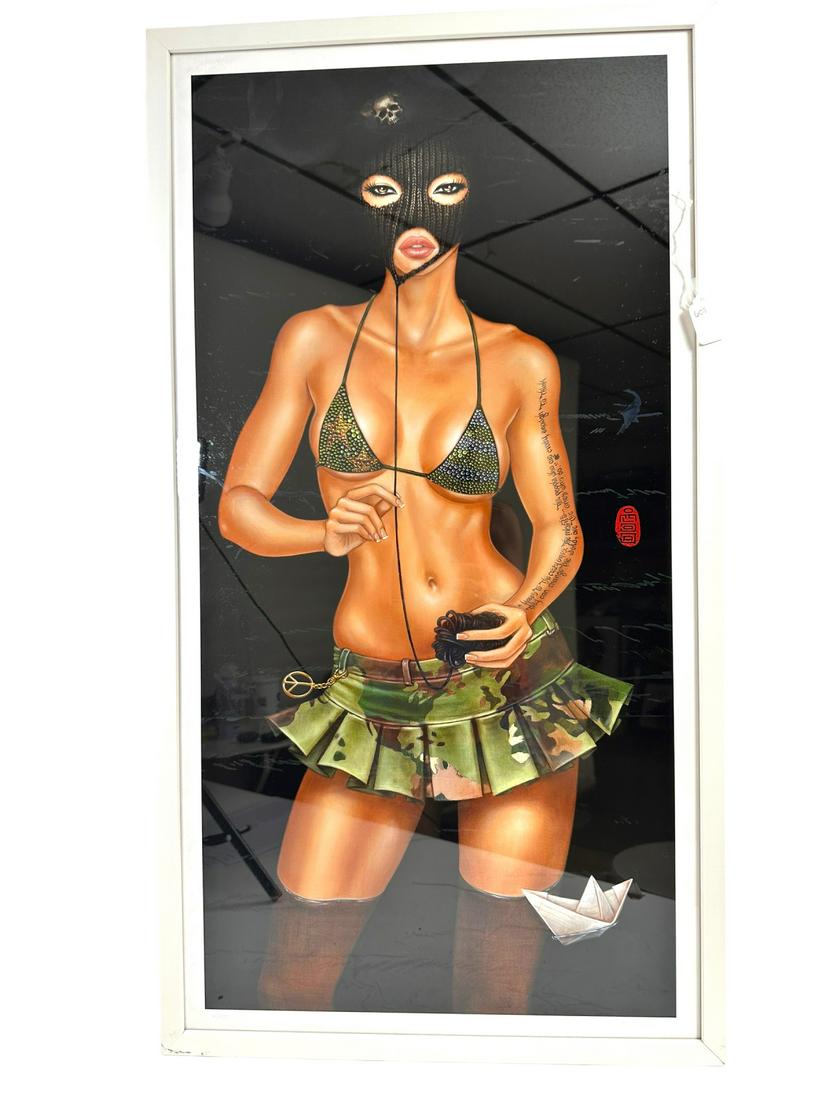 Mimi Yoon Print “Misfit Dream,” #2/50, 2012: Mimi Yoon archival pigment print on fine art paper titled, “Misfit Dream,” numbered 2/50 and dated 2012. Scantily clad girl stands in water while wearing camo skirt, bikini top, knit skee mask and