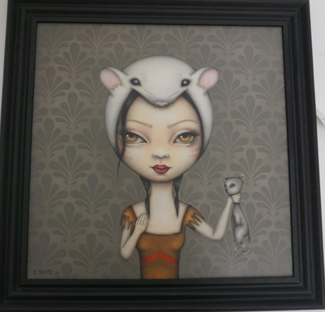 Sara Sanz "Necessary Sacrifice" 2011 Acrylic&Spray: Sara Sanz acrylic and spray on board, titled "Necessary Sacrifice", dated 2011. Big eyed girl wearing a hat made from a mouse and holding a cat by its neck. Signed and dated lower left. Art measures 1