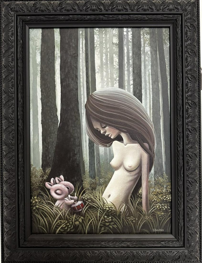 Shannon Bonatakis Acrylic on Canvas Saying Goodbye: Shannon Bonatakis acrylic on canvas, titled "Saying Goodbye". From September 2010 exhibition at Rivet. Long neck nude girl with long brown hair looks down at bunny playing drums. Signed lower right. A