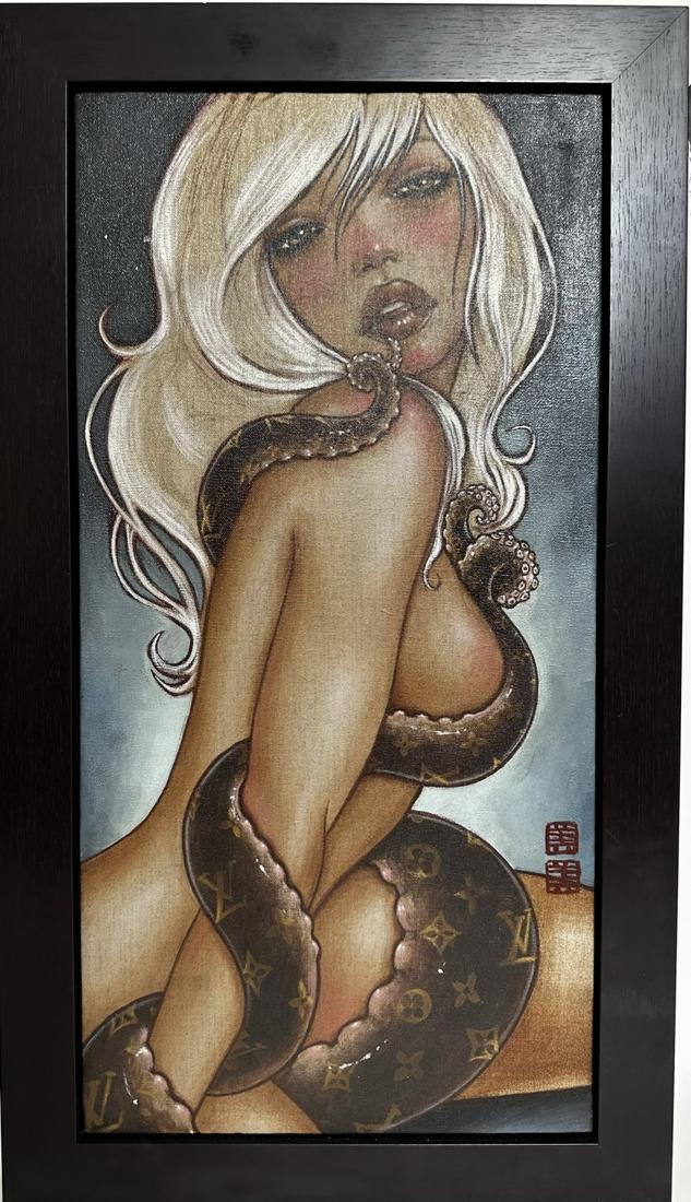 Mimi Yoon Acrylic on Linen "Octopussy" 2012: Mimi Yoon acrylic on linen, titled "Octopussy", dated 2012. Nude woman with blonde hair and big eyes with octopus wrapped around body. Signed lower right. Very good condition (some paint loss, see pic