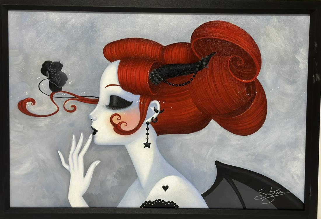 Sybile (Stephanie Bouw) Acrylic on Canvas "Felicya: Sybile (Stephanie Bouw, Brussels) acrylic on canvas, titled "Felicya", dated 2018. Woman with red hair and black horn adorned with black pearls holds hand to black lips. Low brow art featuring black e