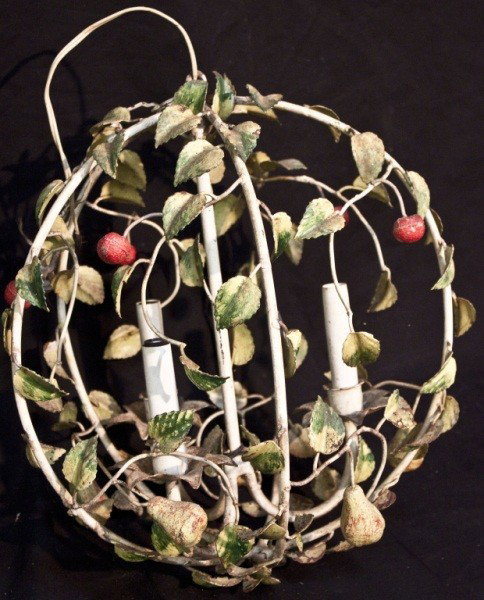 Italian Wrought Iron Garden Form Light Fixture: Italian Wrought Iron And Enamel Painted Garden Form Light Fixture. Circular, With Vines, Cherries, And Pears. 13.5 x 13.5 x 15
