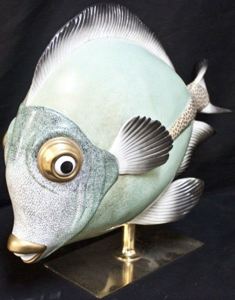Large Oggetti Porcelain Painted Parrot Fish: Large Oggetti Porcelain Painted Angelfish On A Marble Base. Hand Painted And Finely Detailed. 17 x 7 x 13