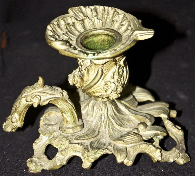 French 18 / 19th C Brass Candlestick Holder: French 18 / 19th C Brass Candlestick Holder. Finely Chaised. 5.5 x 4.75 x 3.75