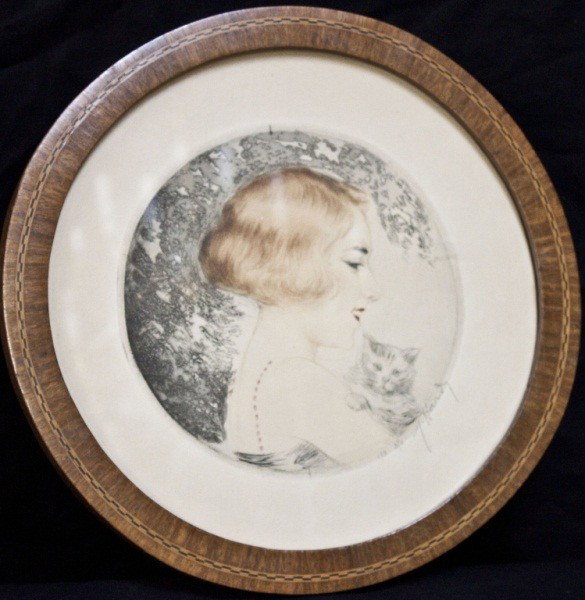 Art Deco Colored Engraving Of Woman + Cat: Colored Engraving Of Woman + Cat In Inlayed Wood Fram. Signed In Pencil, J. Hardy 178-3/10 In the manner of Icart 11 x 11