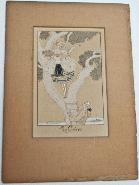 Georges Barbiers (French, 1882-1932) 'Les Cerises': Cherries (Les Cerises). Contemporary print by the famous French artist George Barbier created in 1925 for the almanac 'Falbalas et Fan Freluches'. A Rococo couple picking cherries from a tree. Print m