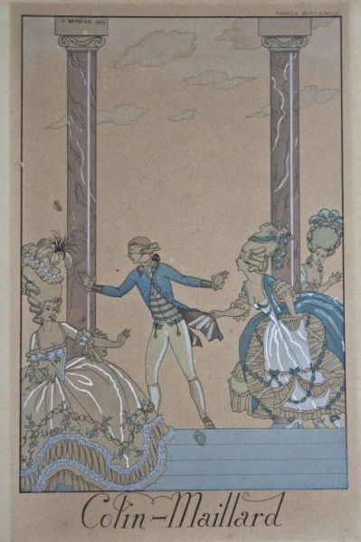 Georges Barbiers(French 1882-1932) 'Colin-Maillard': Georges Barbiers 'Colin-Maillard' from Falbalas & Fanfreluches, considered to be his greatest work. It is rarely found, as only 600 copies were issued. Print measures 6.5 x 9.5