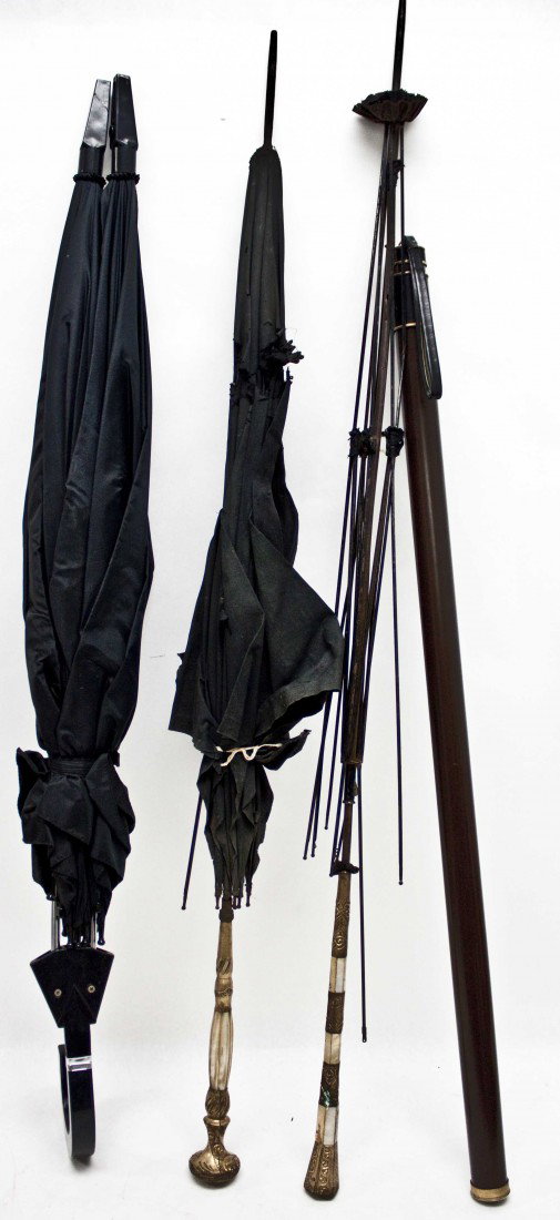 2 19th c Pearl & Gold Handled Umbrellas + 2: One hide-away, two antique mother of pearl handled, and one double. All aprox. 38" tall