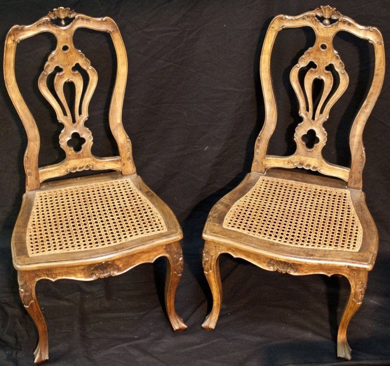 Pr. 18c French Chairs With Rattan Seats: Pr. 18c French Chairs With Rattan Seats. 20 x 16 x 36