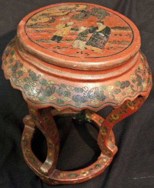 Early Red Cinnabar Lacquer Chinese Garden Seat: Early Red Lacquer Cinnabar Chinese Garden Seat, Incised And Well Decorated With Geometric Patterns, Floral And People. 14 x 14 x 15