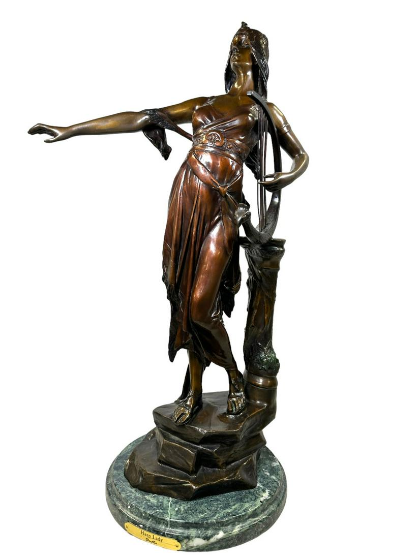 E. Drollos "Harp Lady" Bronze Sculpture: E. Drollos "Harp Lady" bronze sculpture on marble plinth. Signed en verso. Excellent condition. Measures 16" x 10" x 25".