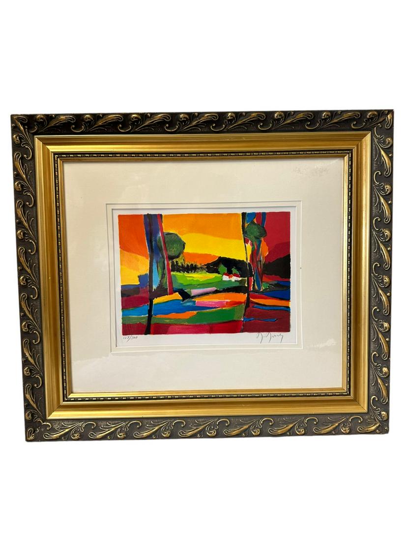 Marcel Mouly "Les Maisons dans la Vallee" #157/300: Marcel Mouly (French, 1918-2008). Landscape lithograph in colors on paper. Titled "Les Maisons dans la Vallee". Signed in pencil lower right with edition size #157/300 lower left. Printed label on ver