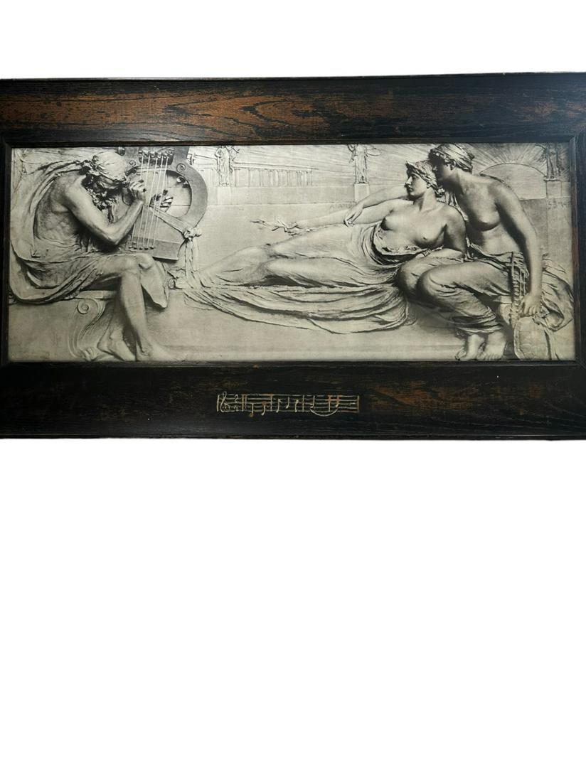 19c Chromolithograph Representing Arts & Music: 19th Century chromolithograph representing music, one of the four arts, classical image with nudes and lyre player in an oak frame with applied gesso musical score. Excellent condition. Art measures 3
