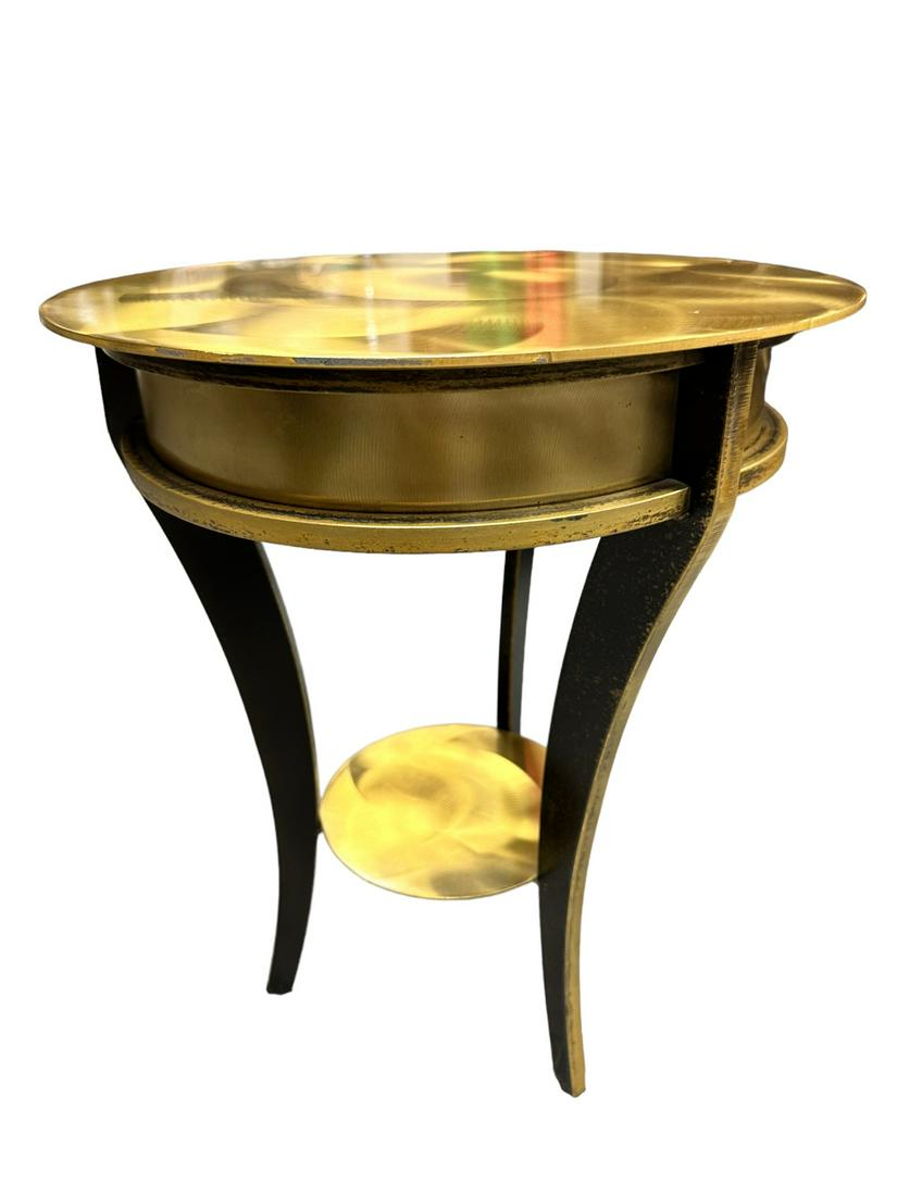Vntg Brass Round Side Table w Brushed Finish: Vintage brass round side table with brushed finish to top, three legs and secondary shelf with brushed finish. Attributed to John Vesey. Excellent condition. Measures 16" dia. x 20". Heavy piece, will