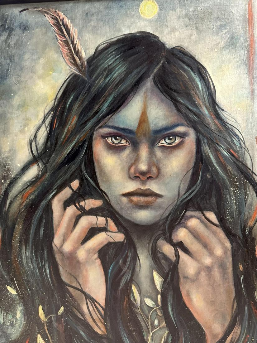 Ingrid Tusell Domingo "Savage" Oil on Wood: Ingrid Tusell Domingo oil on wood, titled "Savage". Signed lower right. Art measures 14.25" x 17", frame measures 19" x 22".