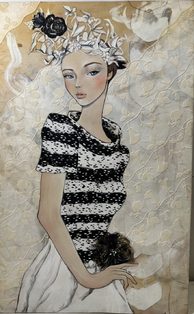 Alice Le "Chanel Girl" 2012 Ink & Pen on Wood: Alice Le acrylic, ink and pen on wood panel, titled "Chanel Girl", dated 2012. Signed, dated and personalized note on verso. Excellent condition. Measures 12" x 19".